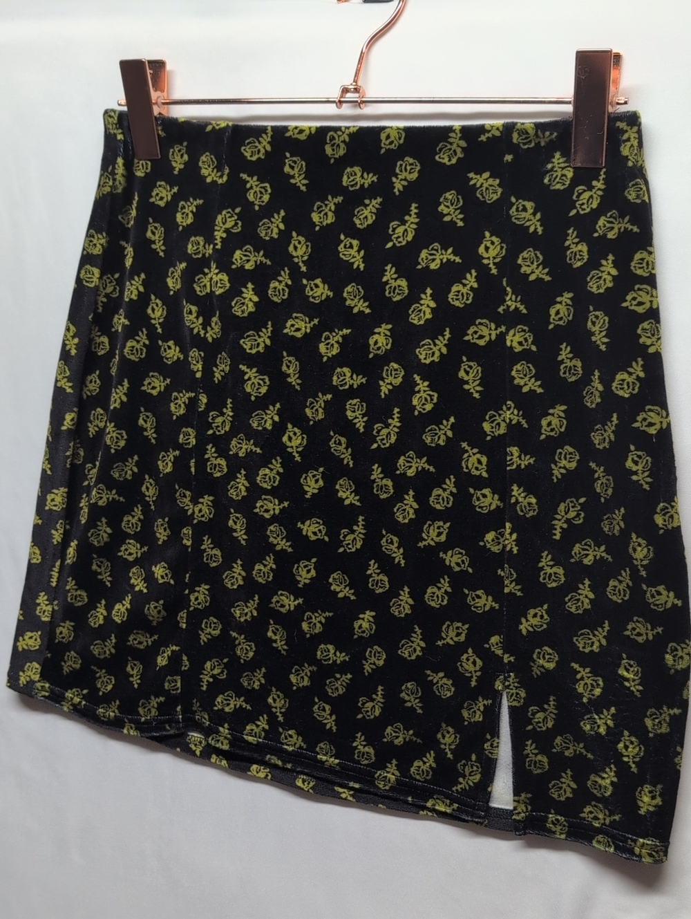 678-bp Black Mini Velvet Skirt with Neon Green Floral Print Elastic Waistband